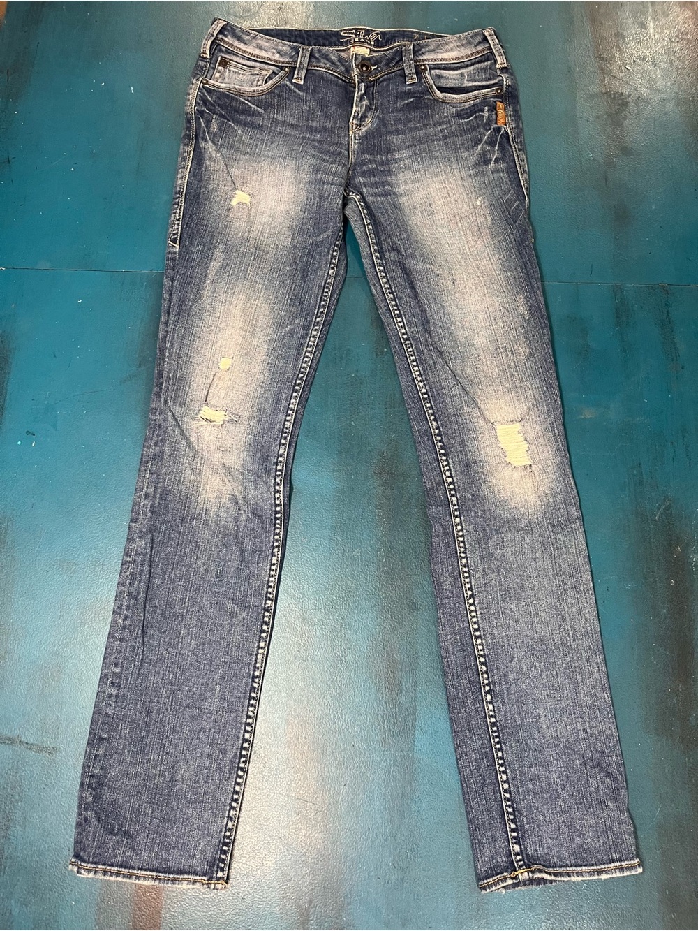 Silver Audrey Women's Distressed Blue Jeans - Slim Straight Fit